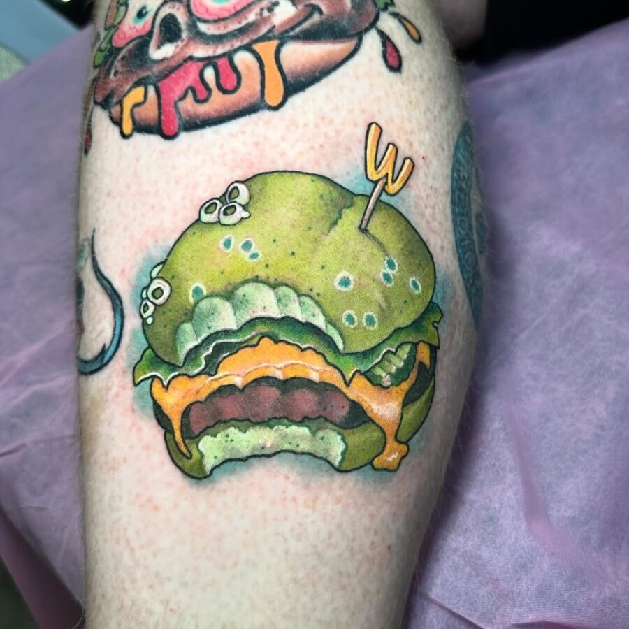 Vibrant cartoon burger tattoo with playful details Tattoo Design