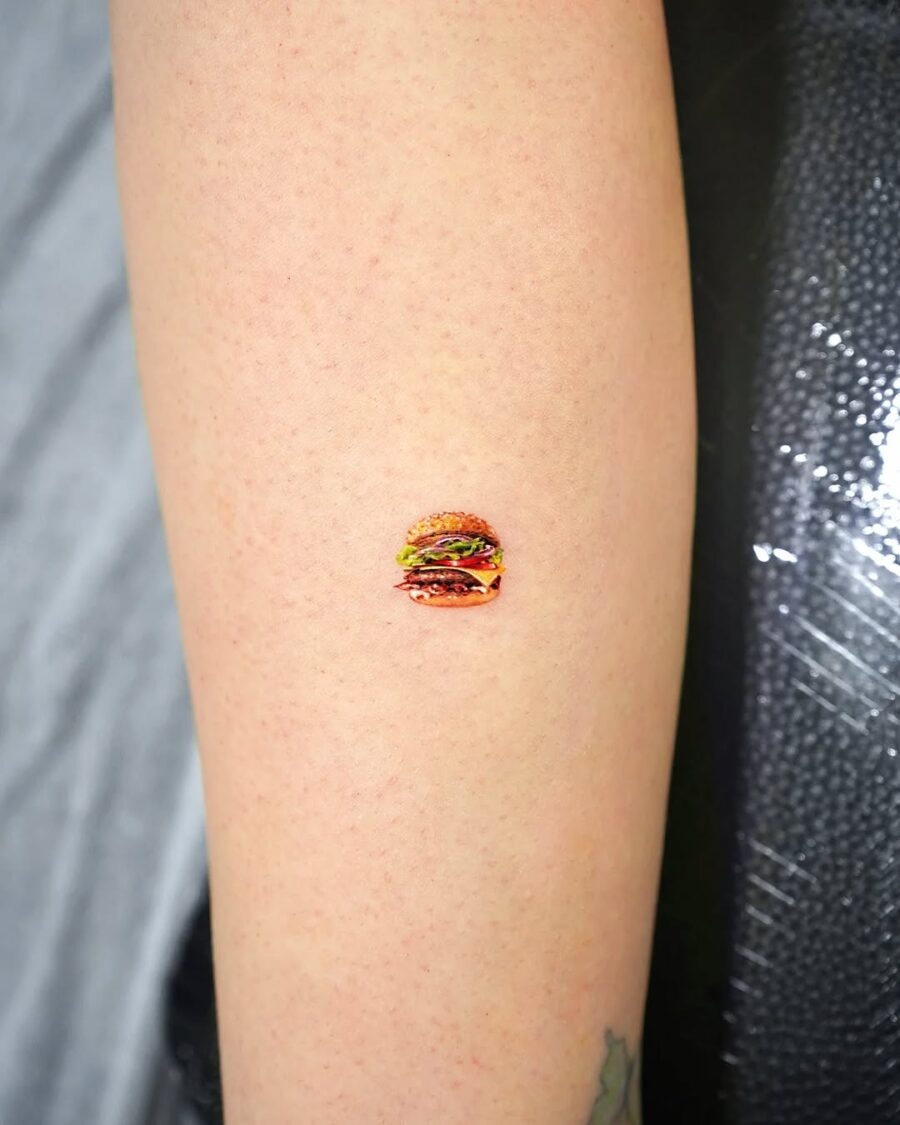 Vibrant Mini Burger Tattoo on Arm Tattoo Design