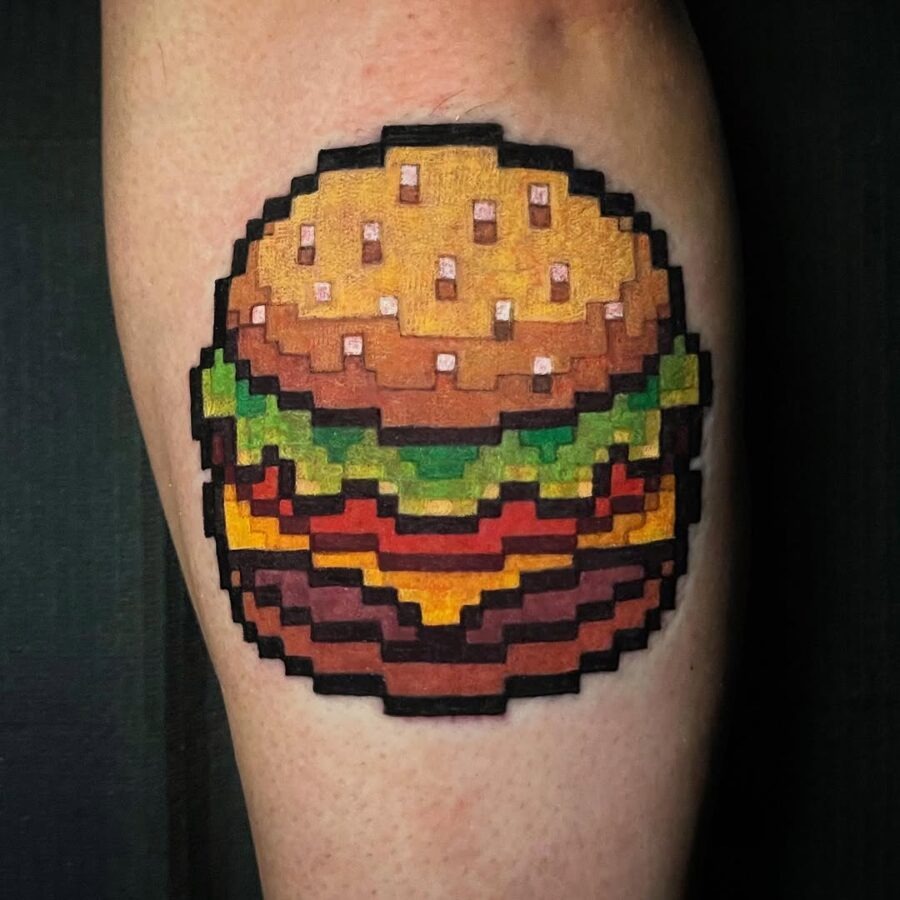 Vibrant pixel art burger tattoo design Tattoo Design