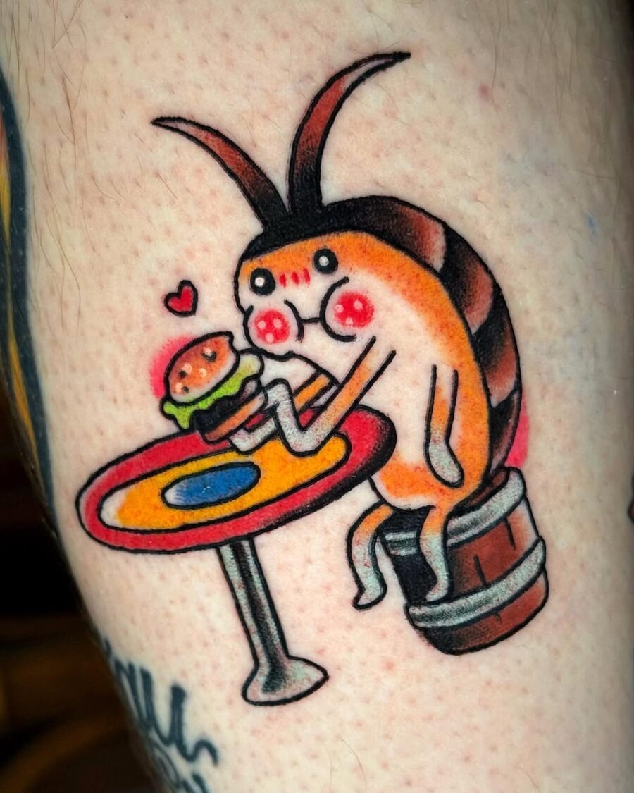 Whimsical bug enjoying a delicious burger tattoo Tattoo Design