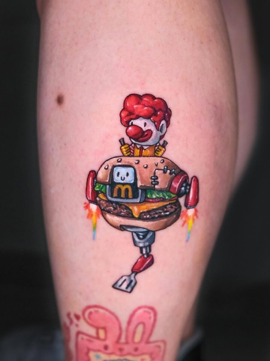 Whimsical robot clown burger tattoo design Tattoo Design