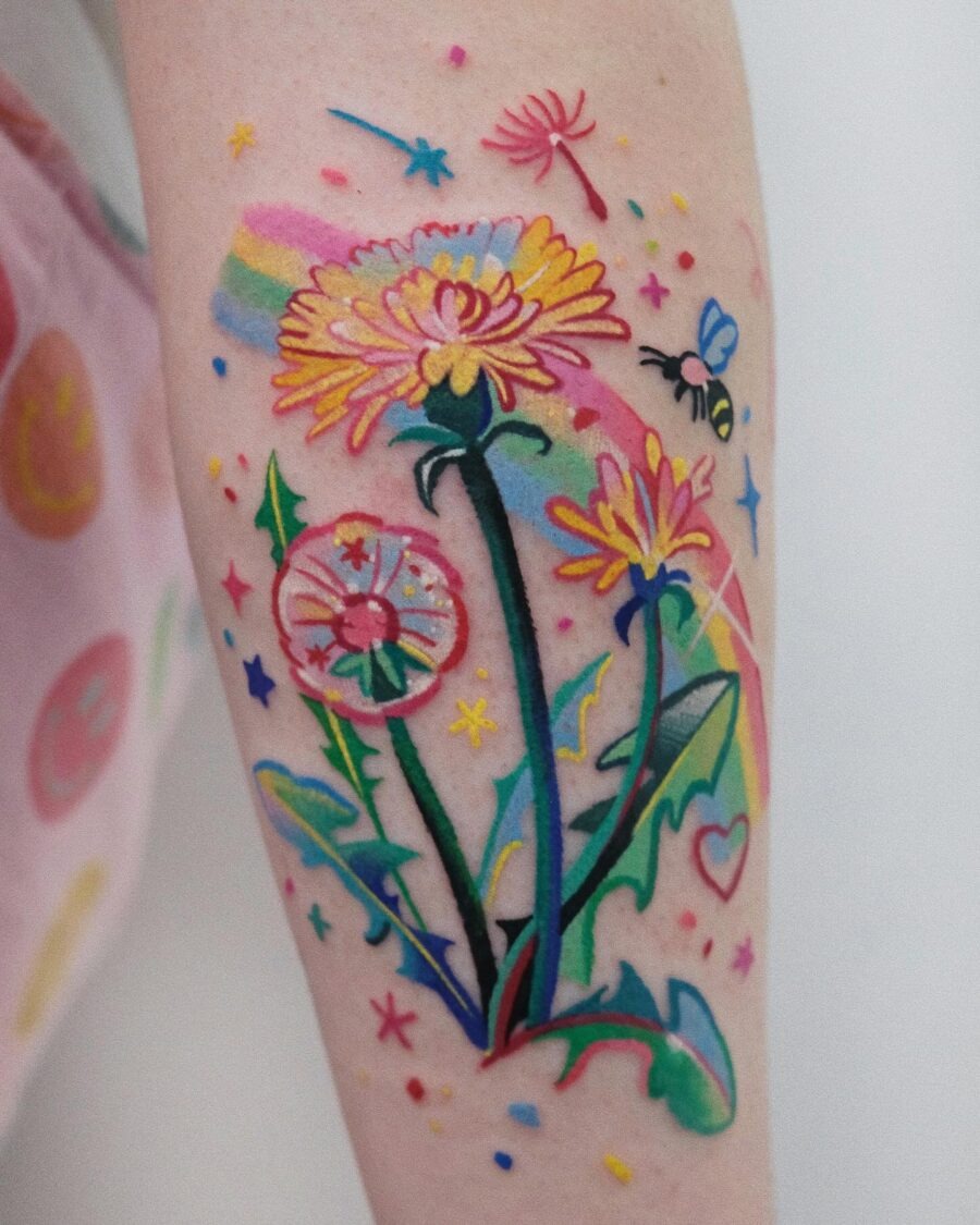 This buttercup flower tattoo features vivid colors and whimsical elements.