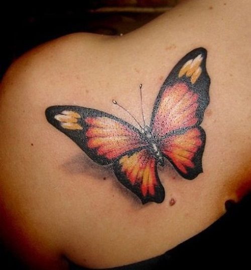 Beautiful 3D on a girl's back tattoo, detailed design on the shoulder.