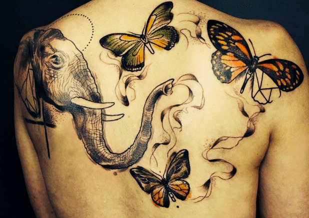 Elephant Breath Three-Butterfly tattoo, colorful design.