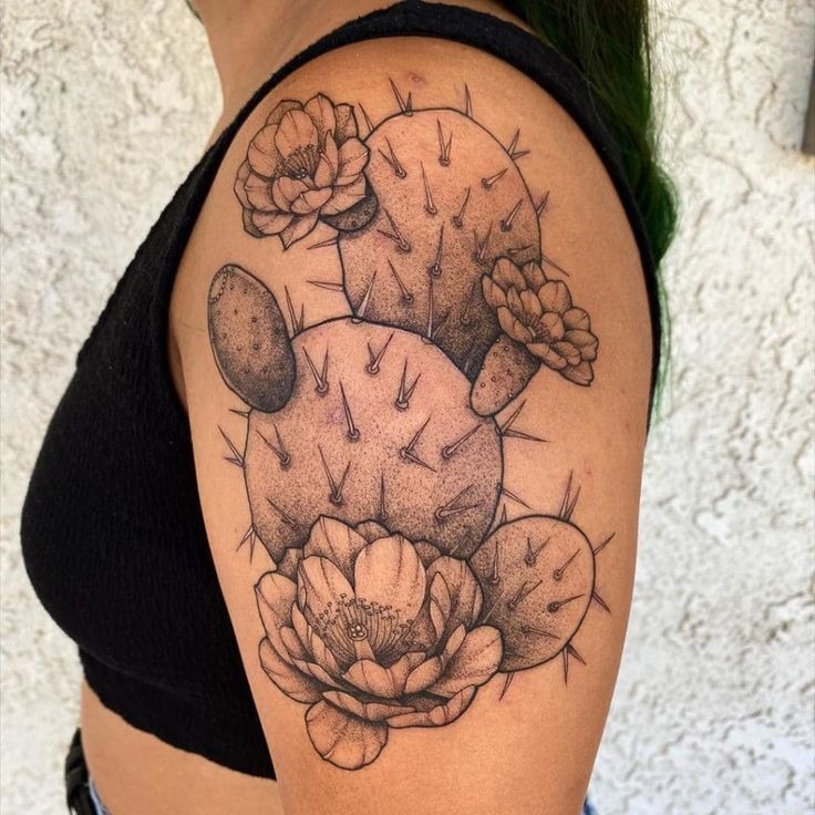 Blooming Shoulder Cactus Tattoo Design