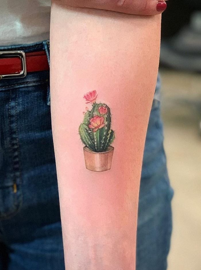 Rosy Cactus in Bloom Tattoo Design