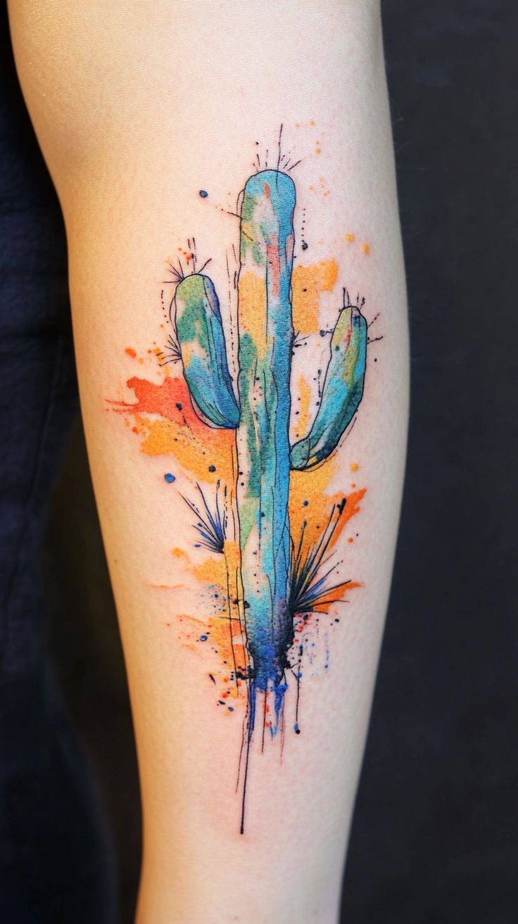 Watercolor Saguaro Splash Tattoo Design