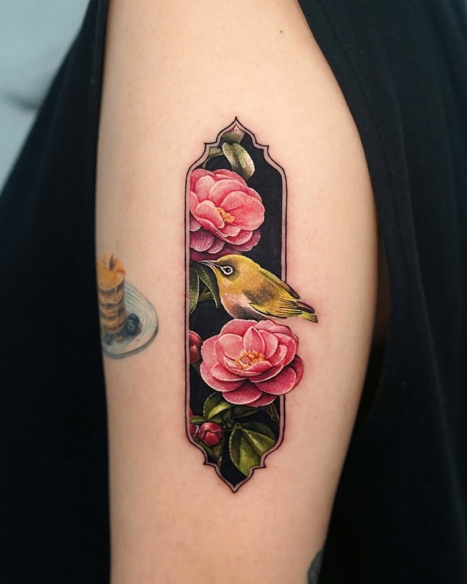 Colorful Camellia Floral Tattoo with Bird Tattoo Design