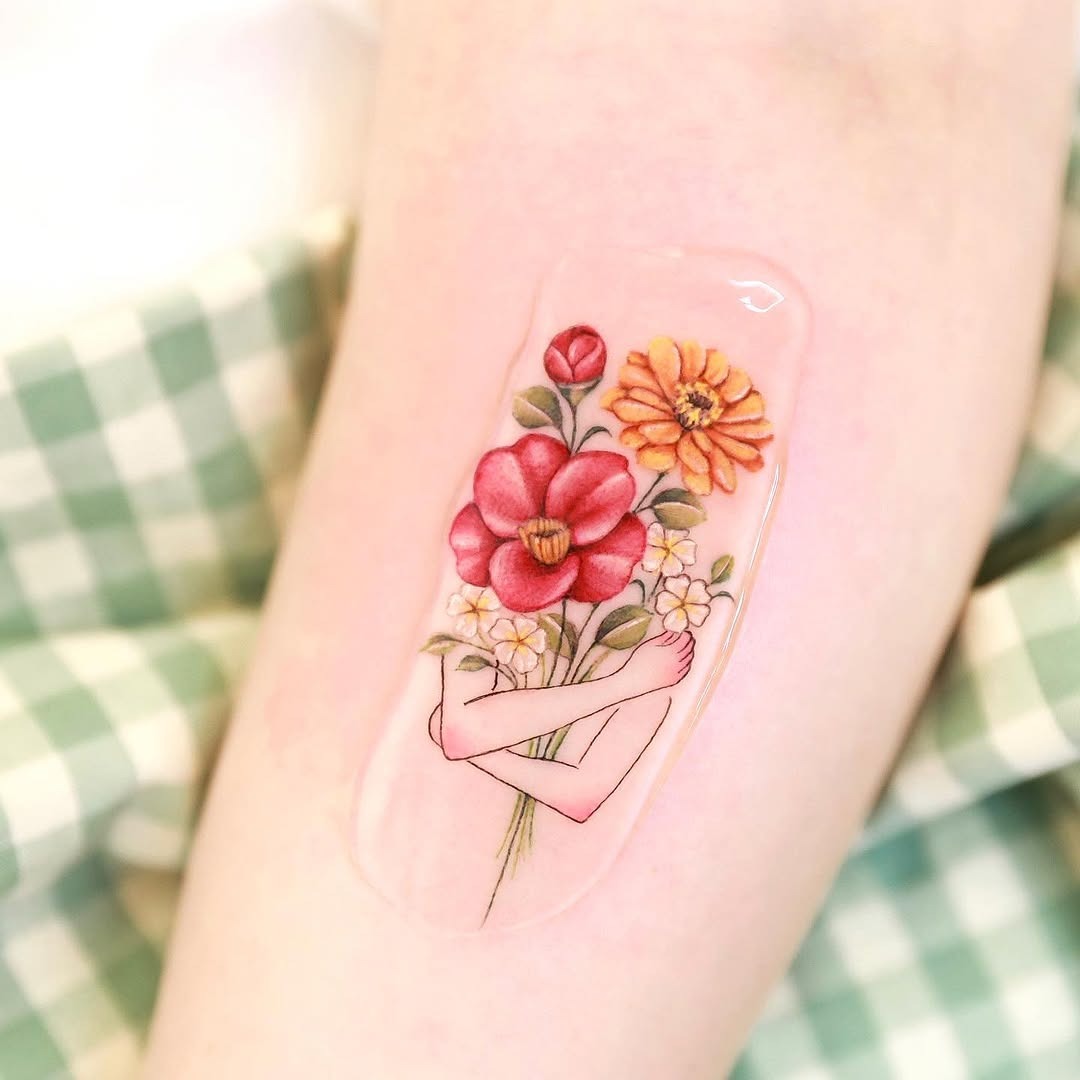 Colorful camellia tattoo with delicate details Tattoo Design