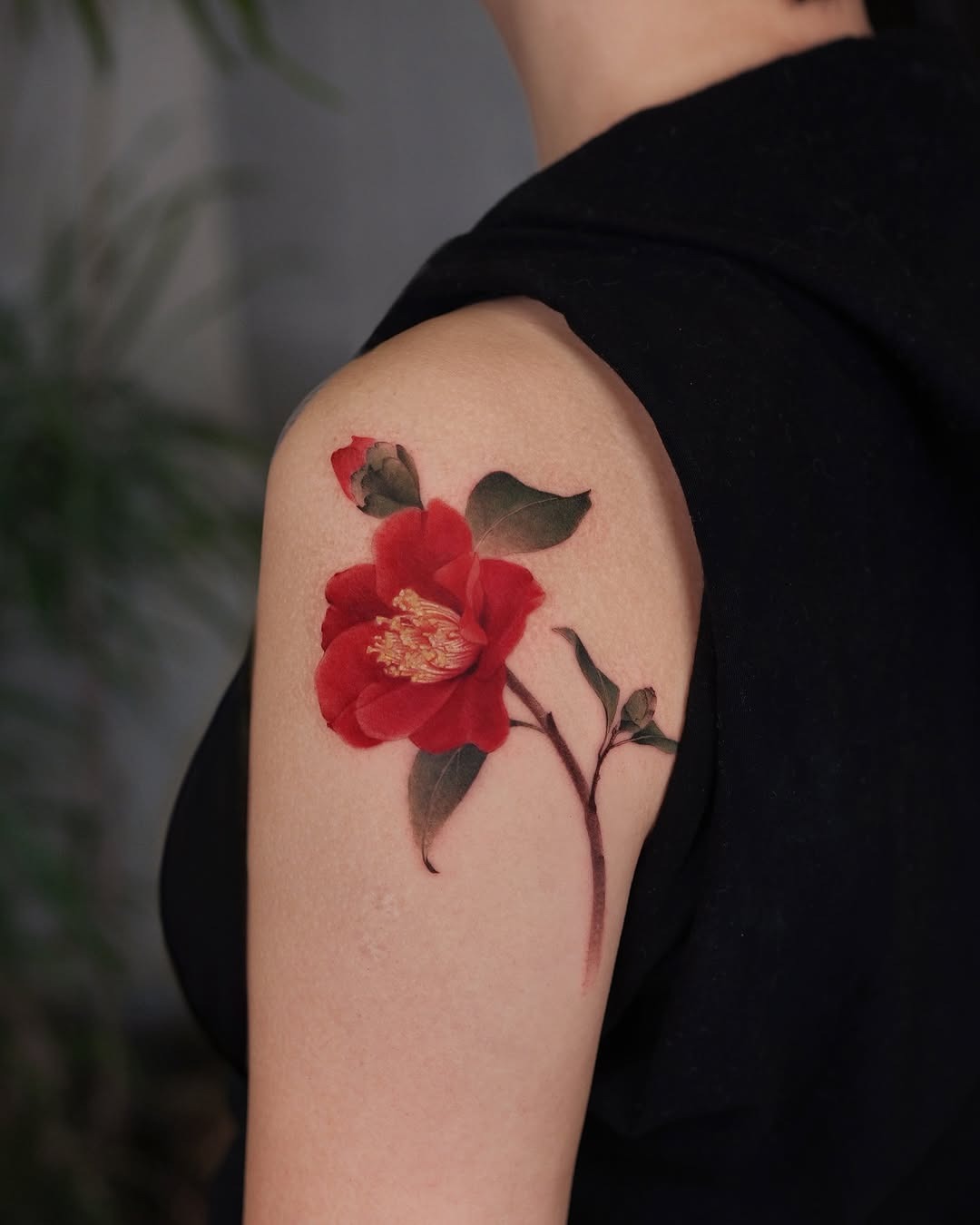 Elegant red camellia tattoo enhances skin beauty Tattoo Design