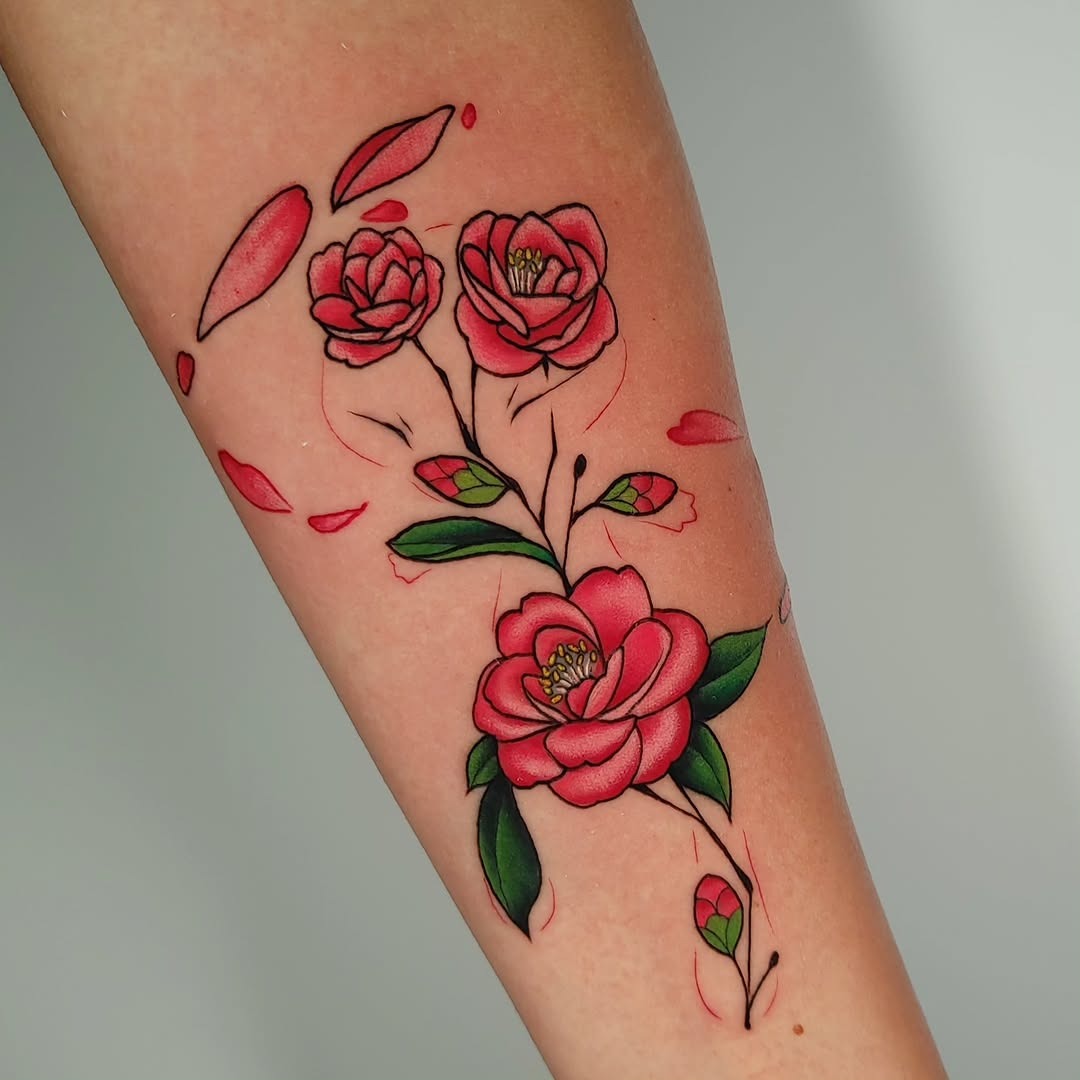 Stunning camellia tattoo featuring vibrant pink flowers Tattoo Design