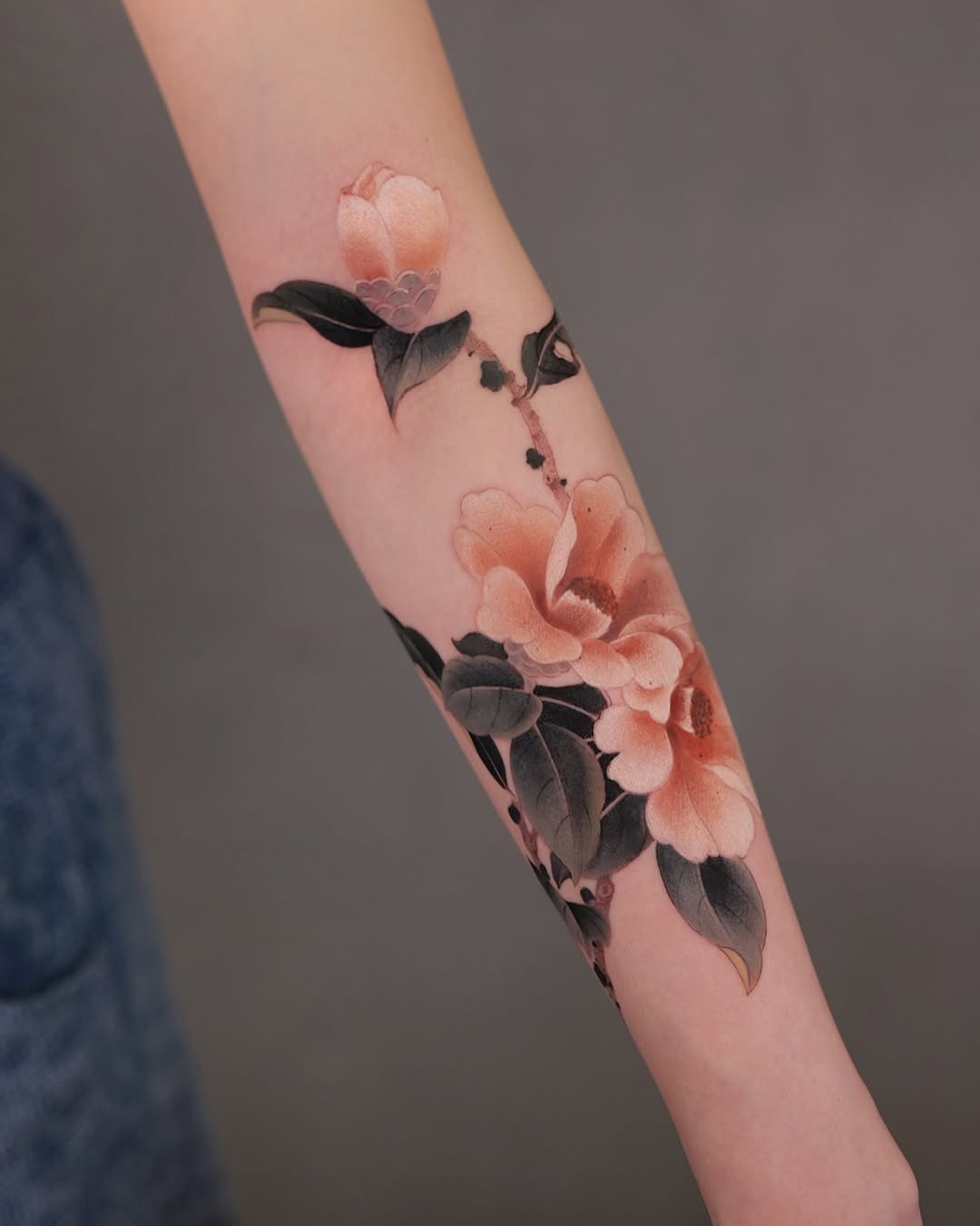 Stunning Camellia Tattoo on Forearm Tattoo Design