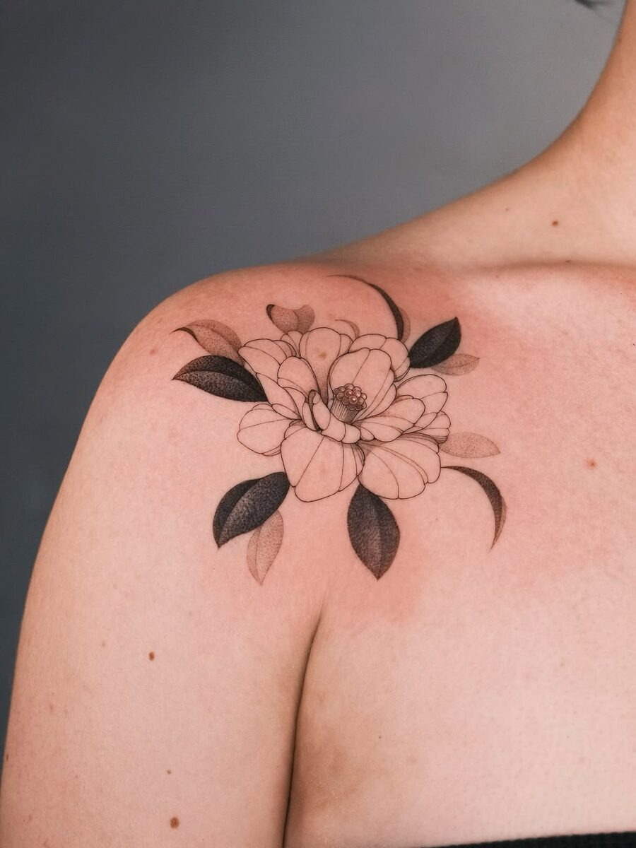 Stunning Camellia Tattoo on Shoulder Tattoo Design