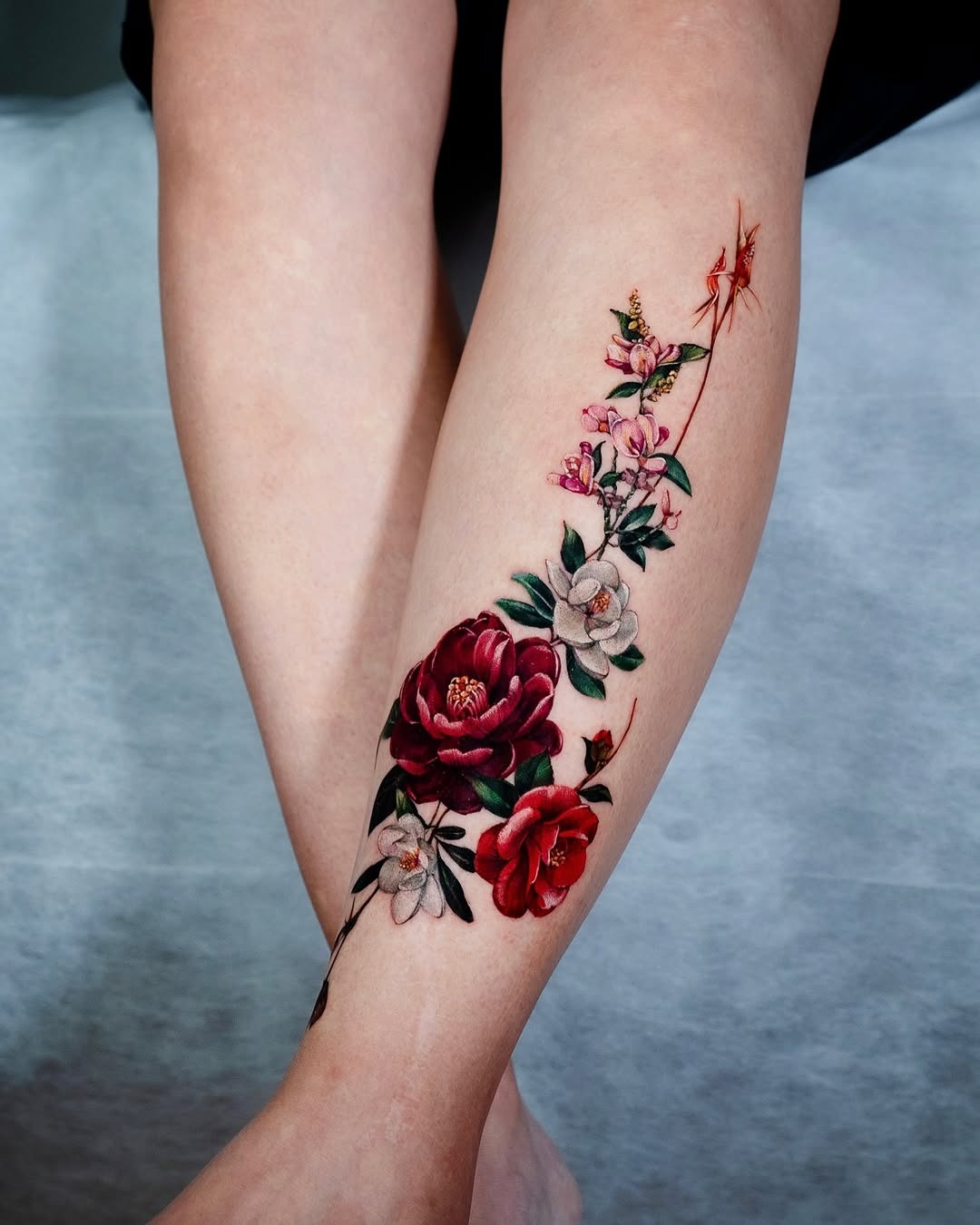 Stunning Camellia Tattoo on the Leg Tattoo Design