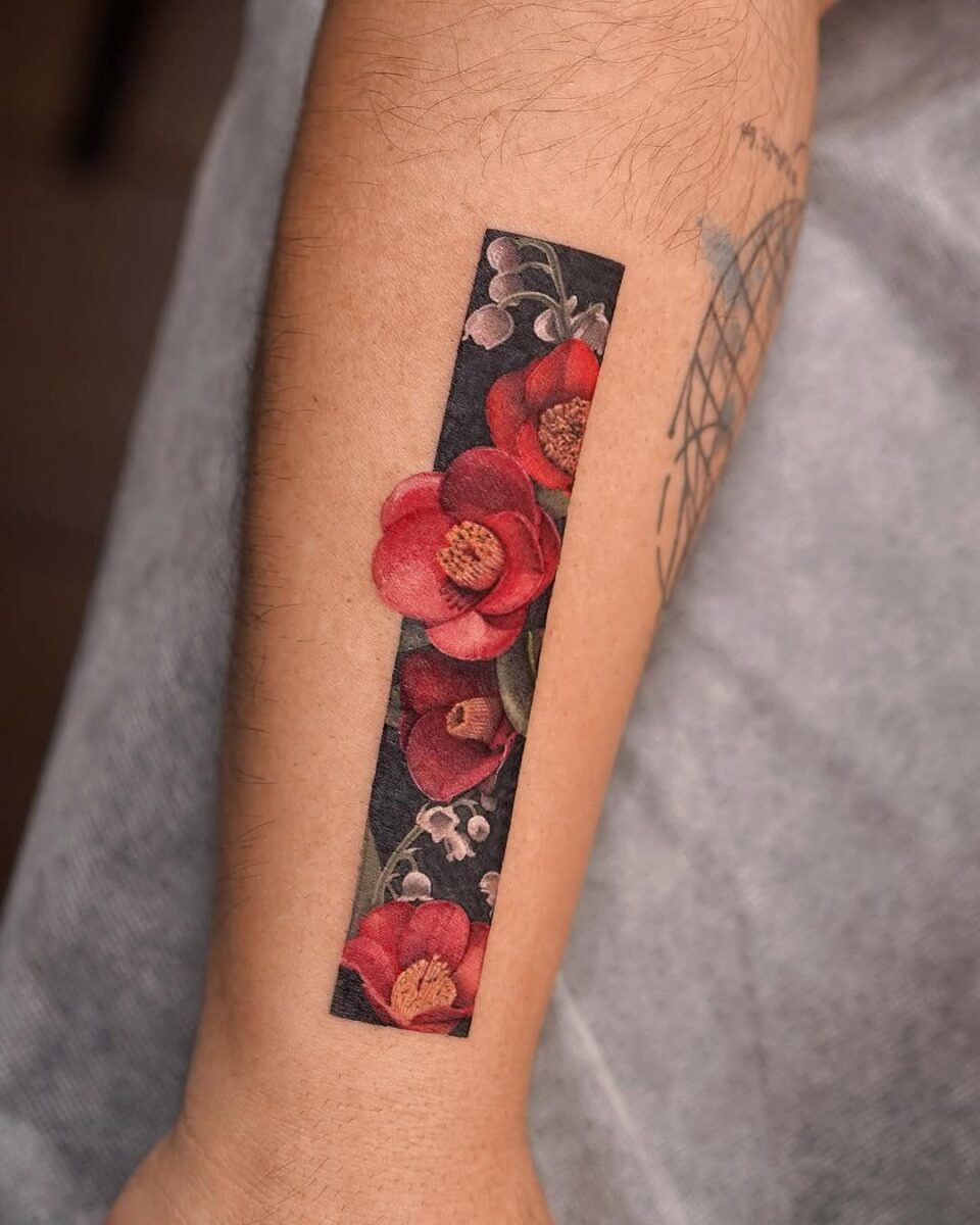 Stunning Camellia Tattoo with Dark Background Tattoo Design