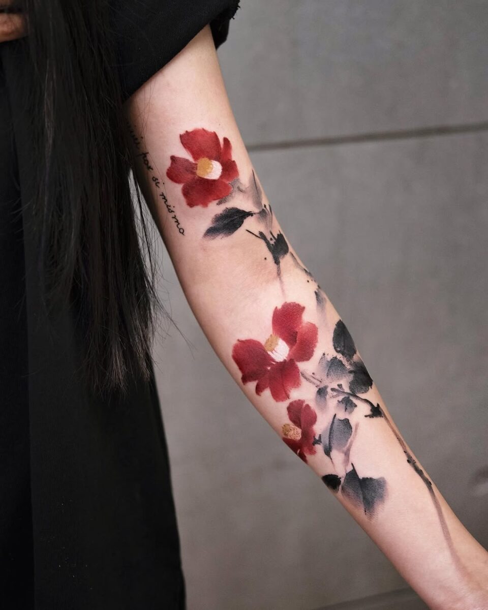 Stunning Red Camellia Arm Tattoo Inspiration Tattoo Design