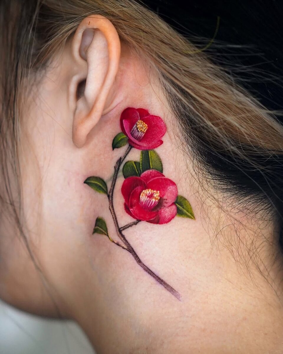 Vibrant Camellia Flower Tattoo on Neck Tattoo Design