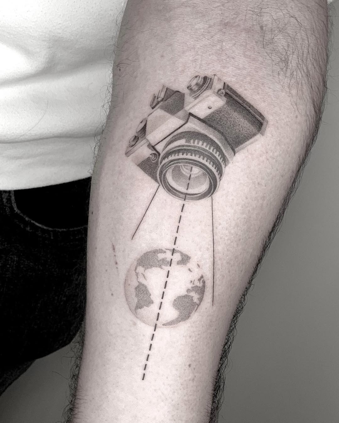 Detailed camera tattoo with globe illustration Tattoo Design