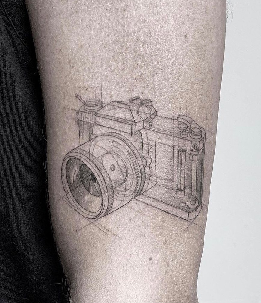 Intricate camera tattoo design with a 3D effect Tattoo Design