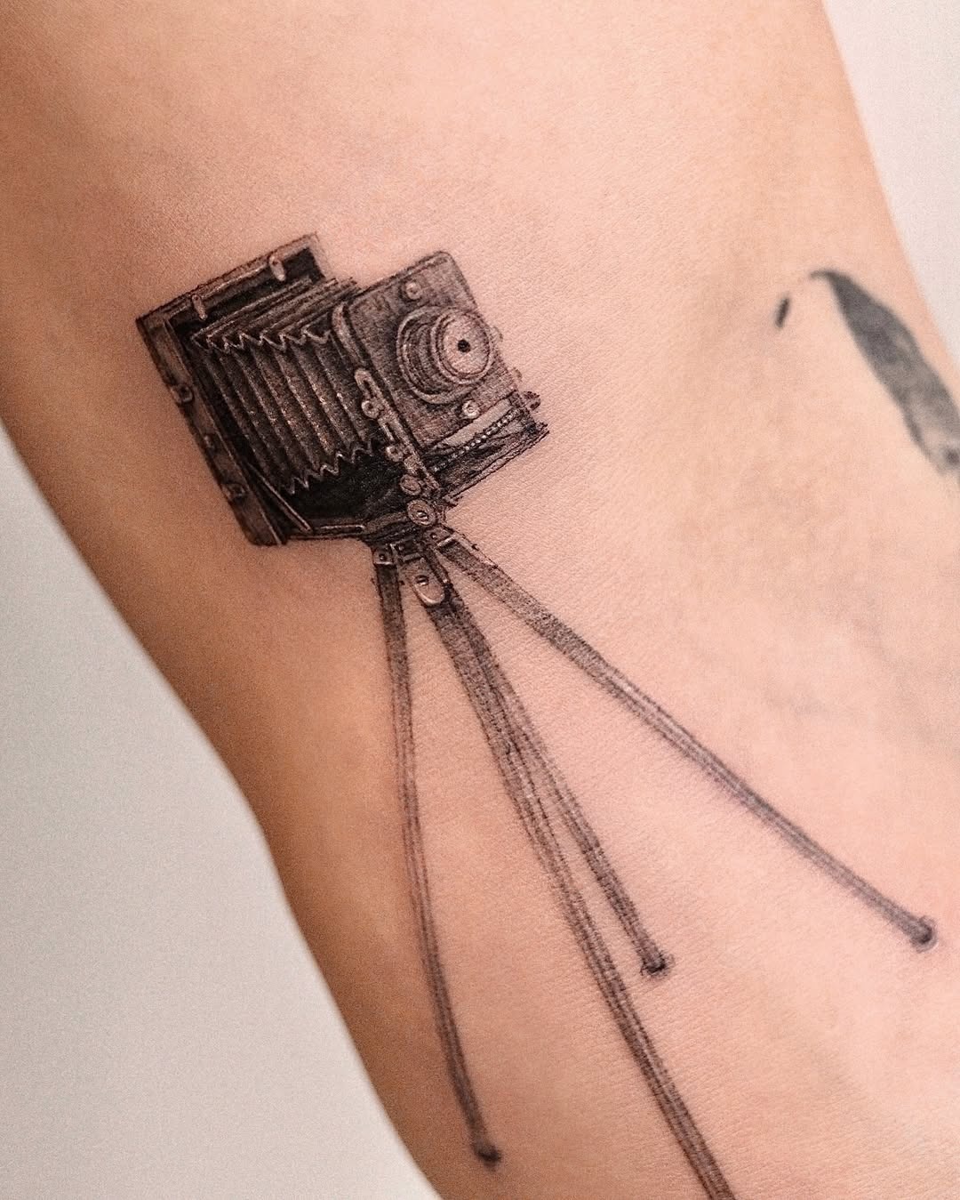 Intricate vintage camera tattoo on the arm Tattoo Design