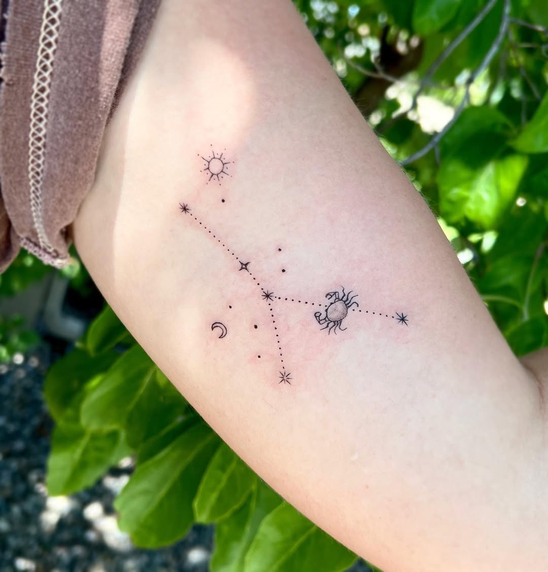 Elegant Cancer Zodiac Tattoo Design with Celestial Elements Tattoo Design