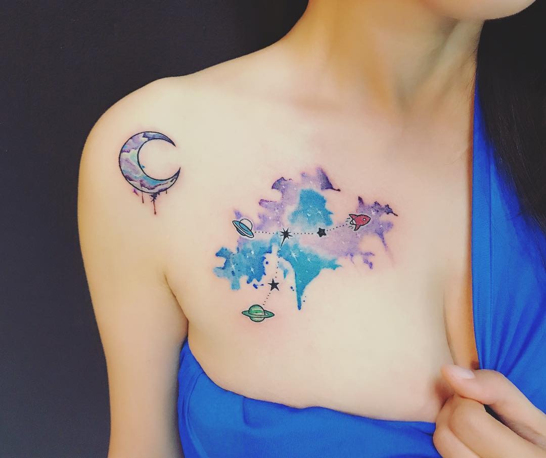 Elegant Cancer Zodiac Tattoo with Cosmic Details Tattoo Design