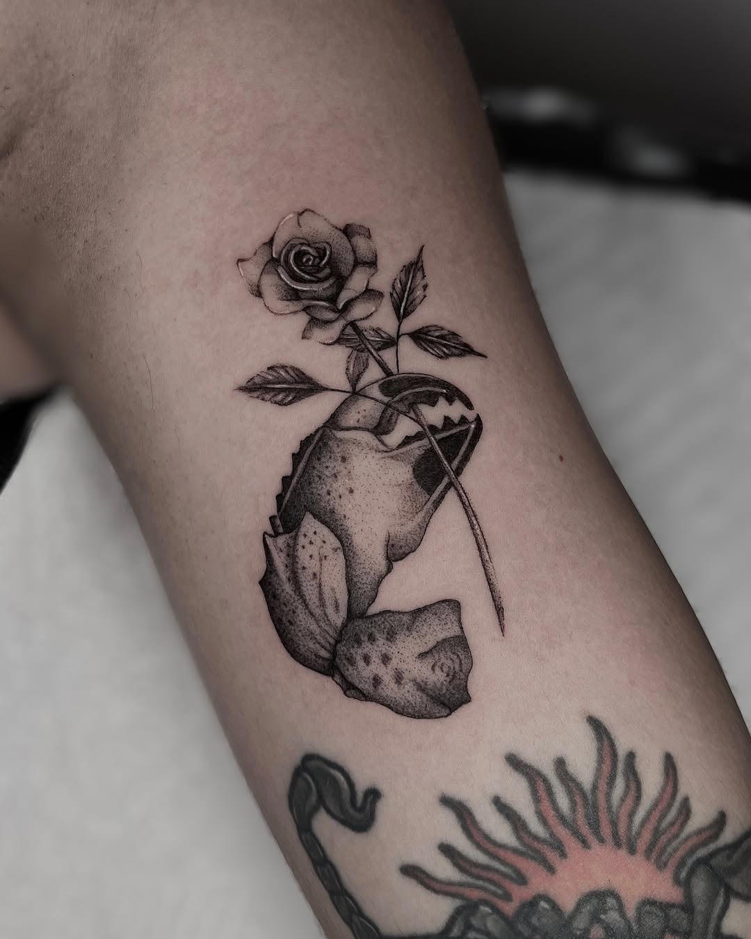 Elegant Cancer Zodiac Tattoo with Rose Design Tattoo Design