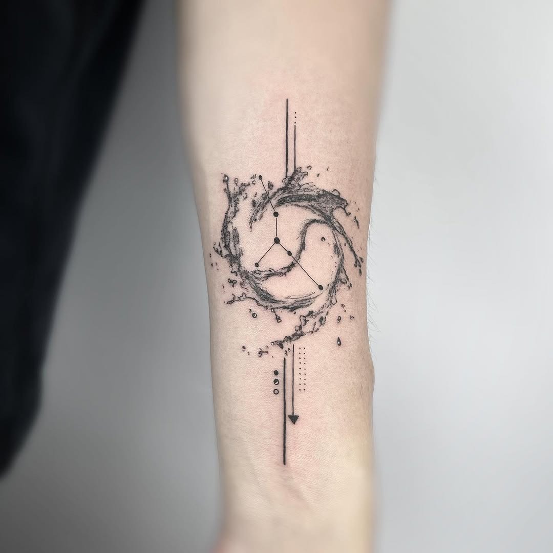 Elegant Cancer Zodiac Tattoo with Waves Tattoo Design