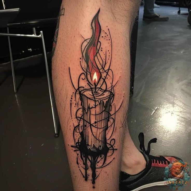 Burning Candle with Abstract Fine Line Motion Tattoo Design