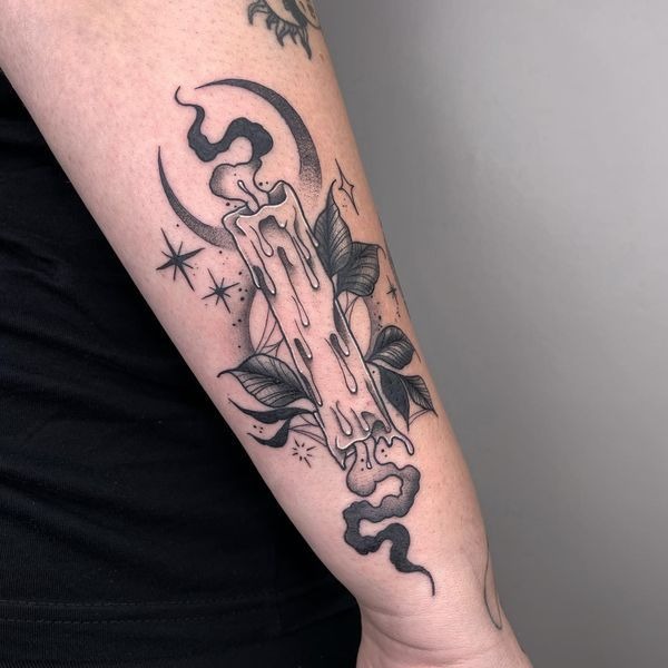 Candle with Crystals and Soft-Colored Flame Tattoo Design