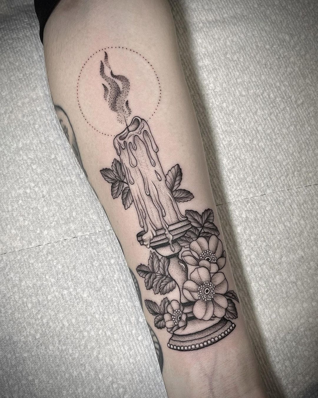 Fine Line Candle with Floral Base Tattoo Design