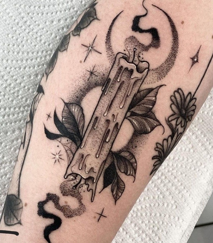Gothic Dripping Candle with Moon and Botanical Details Tattoo Design