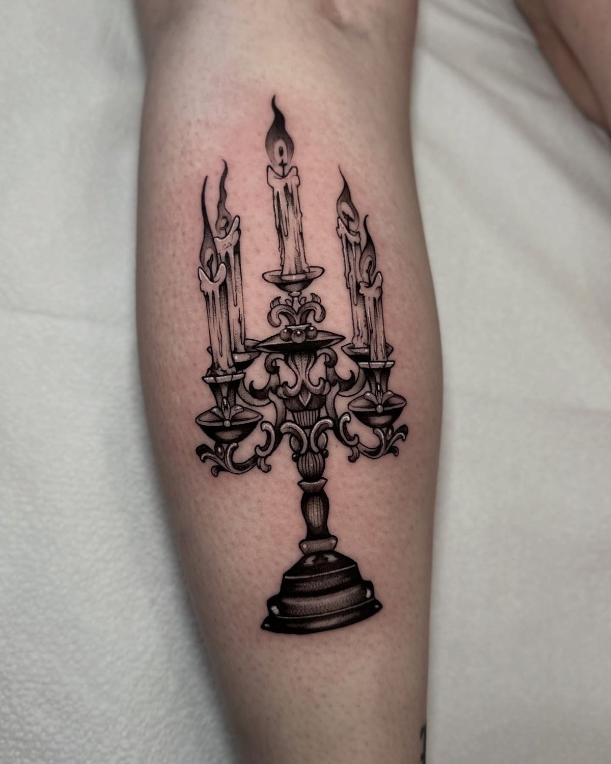 Gothic Three-Candle Candelabra Tattoo Design