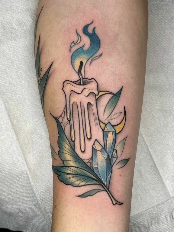 Hand Holding Lantern Candle in American Traditional Style Tattoo Design