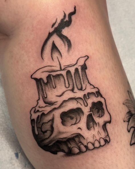 Realistic Burning Skull Candle Tattoo Design
