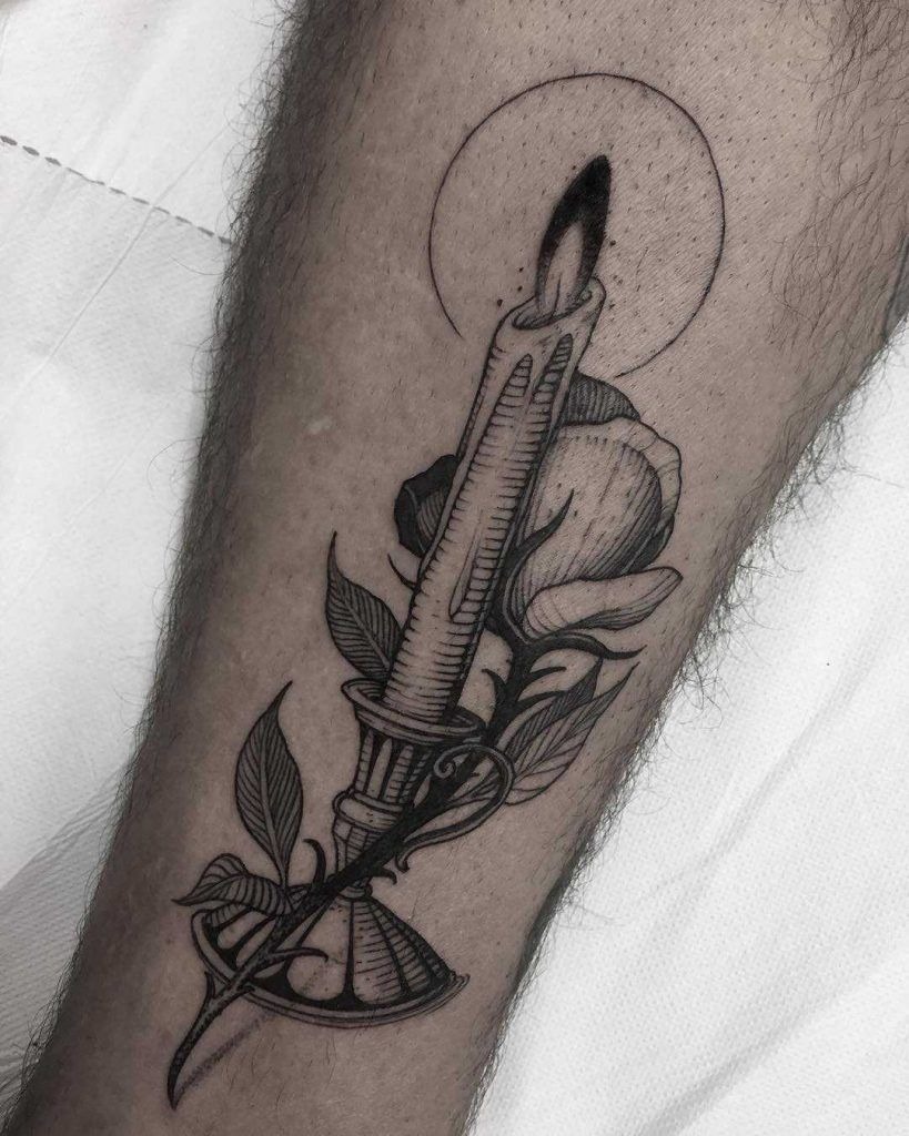 Realistic Candle with Rose and Leaves Tattoo Design