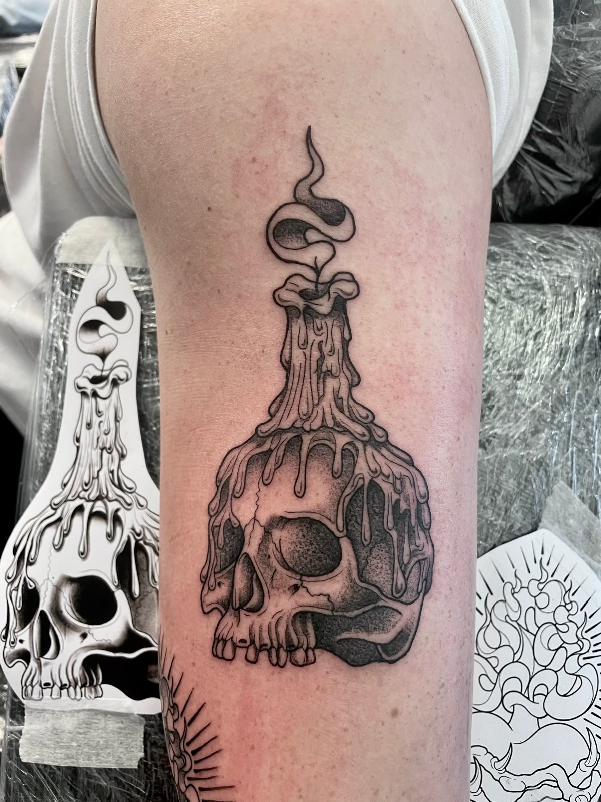 Simple Candle Linework with Smoke Detail Tattoo Design
