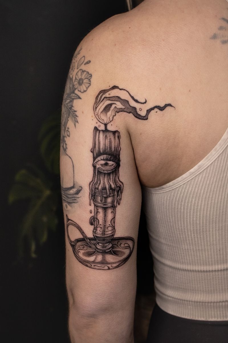 Surreal Candle with Watching Eye Tattoo Design