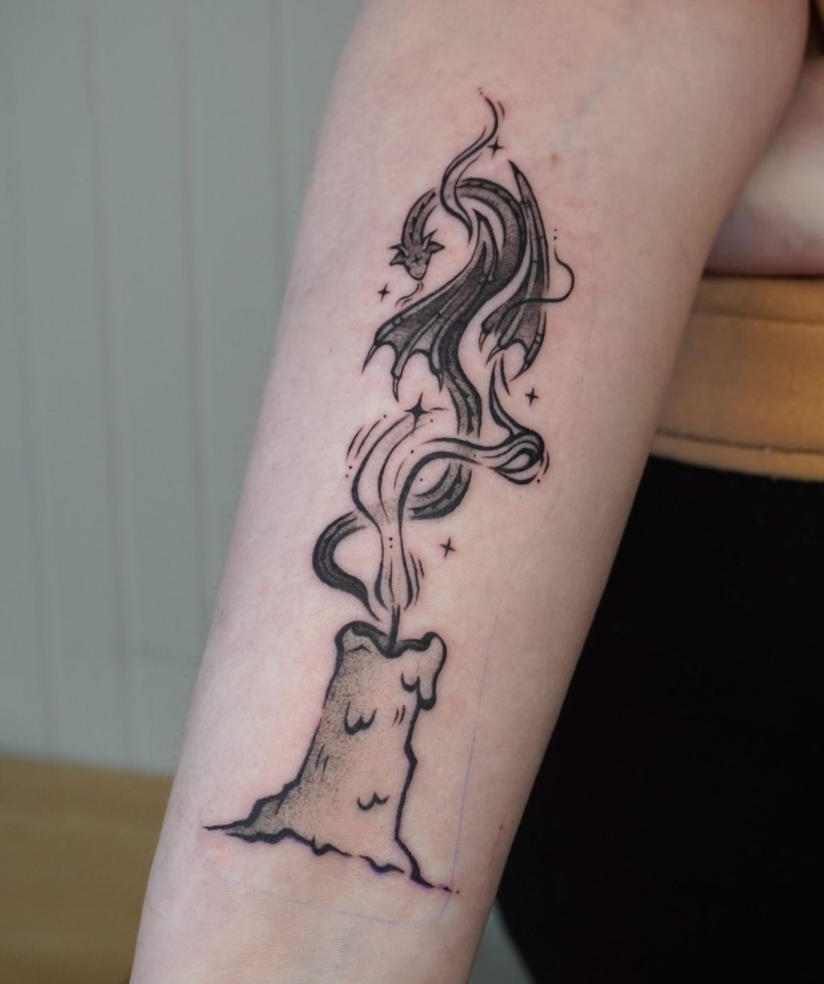Tiny Candle with Dragon-Shaped Smoke Tattoo Design