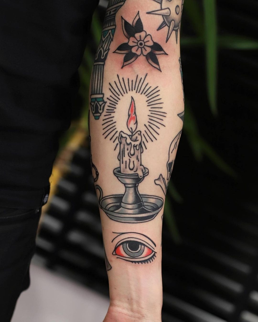 Traditional Candle with Radiant Flame Symbolism Tattoo Design
