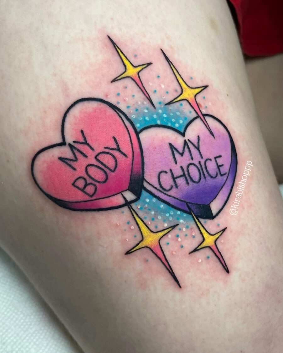 Bold candy hearts with empowering messages Tattoo Design