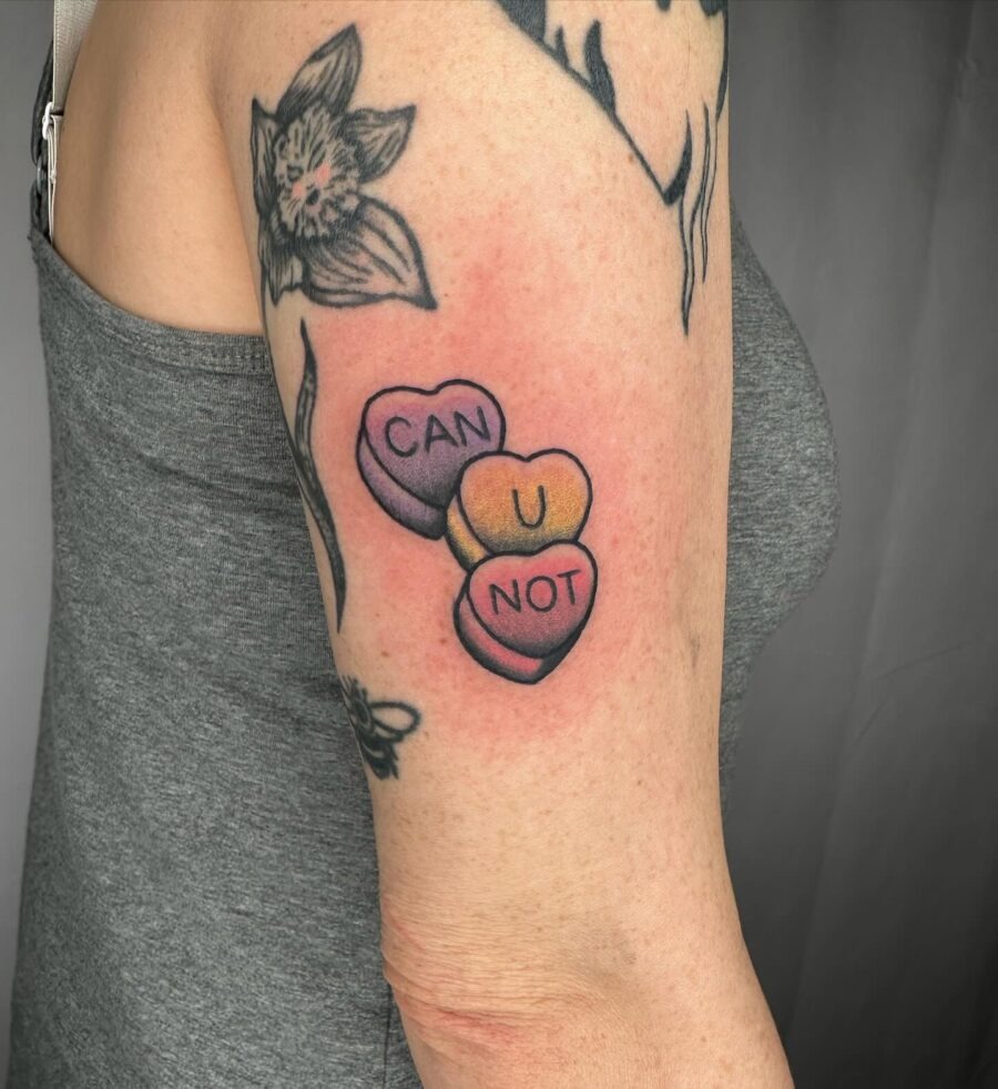 Charming candy heart tattoo with sweet words Tattoo Design