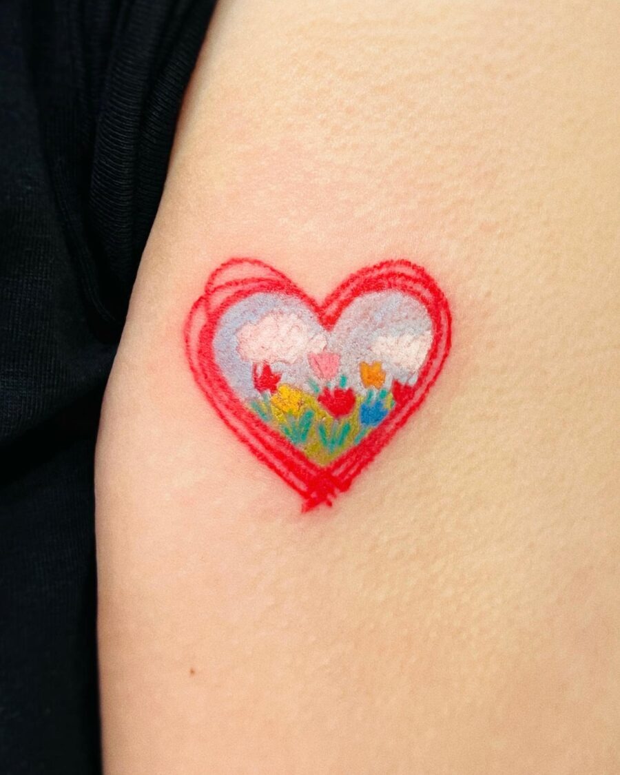 Colorful candy heart tattoo with floral details Tattoo Design