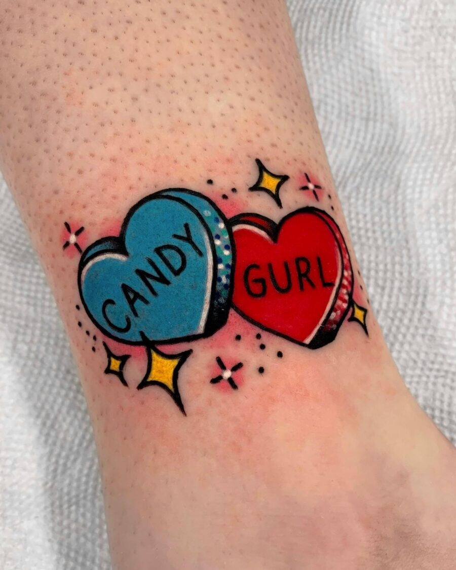 Colorful candy hearts tattoo with playful vibes Tattoo Design