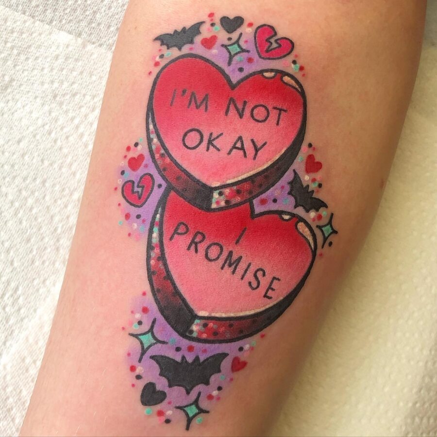 Colorful candy hearts with a unique twist Tattoo Design