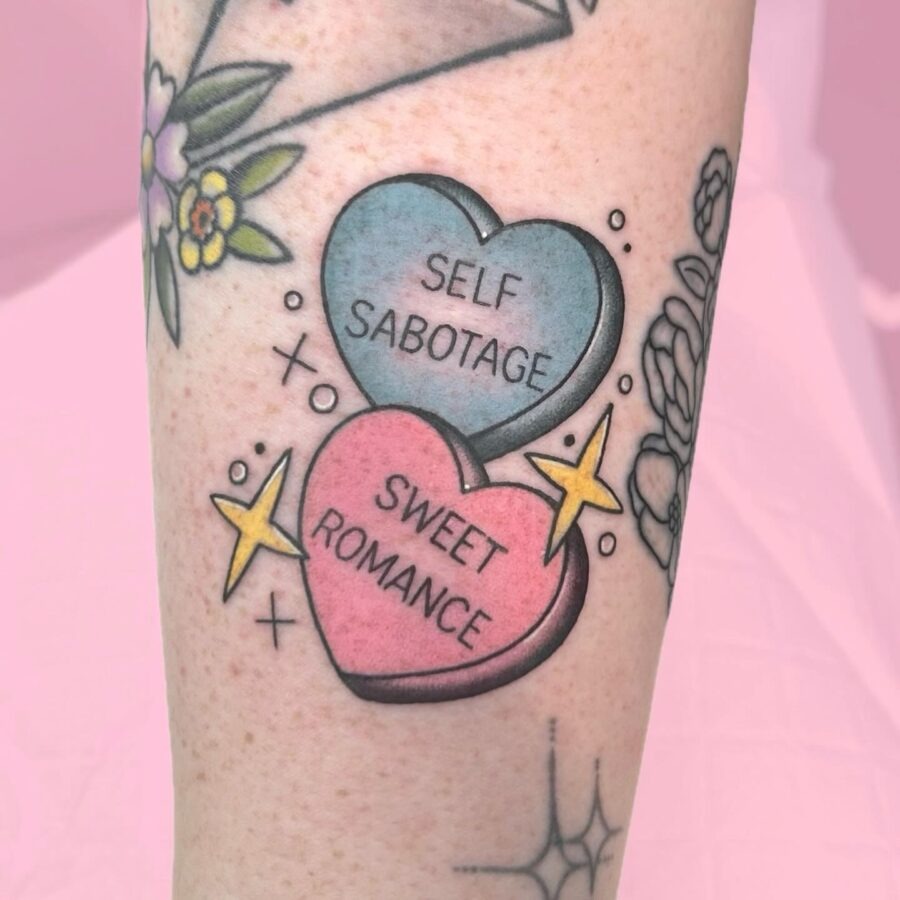 Colorful candy hearts with playful messages Tattoo Design