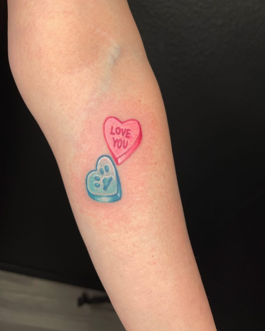 Playful candy heart tattoo with sweet message Tattoo Design