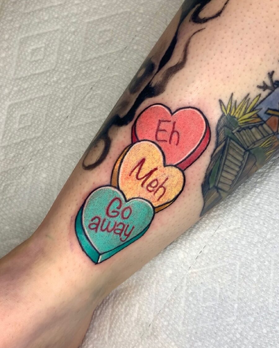 Playful heart tattoos with quirky phrases Tattoo Design