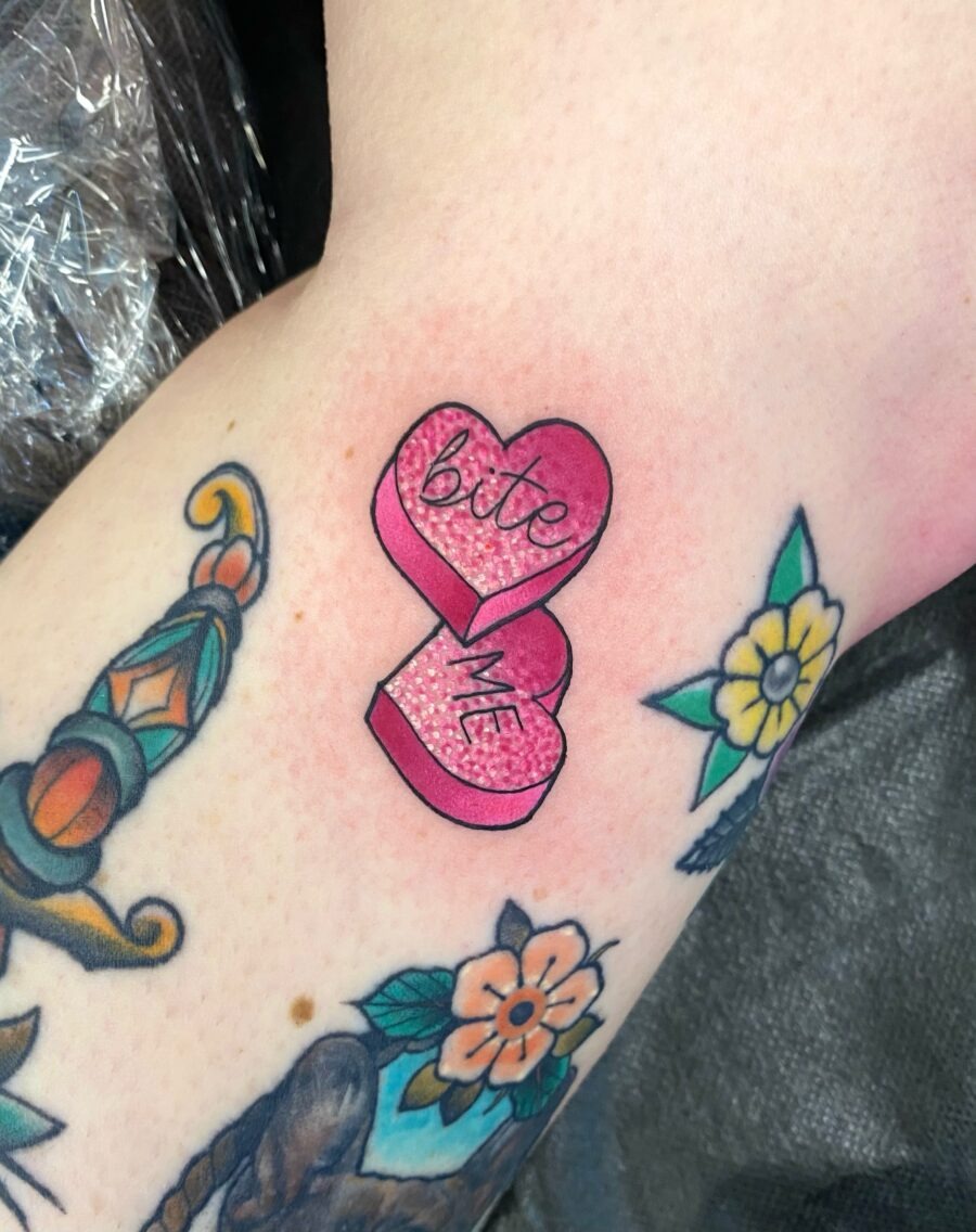 Playful pink candy heart tattoo vibe Tattoo Design