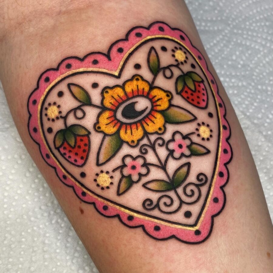 Vibrant Candy Heart Tattoo with Floral Design Tattoo Design